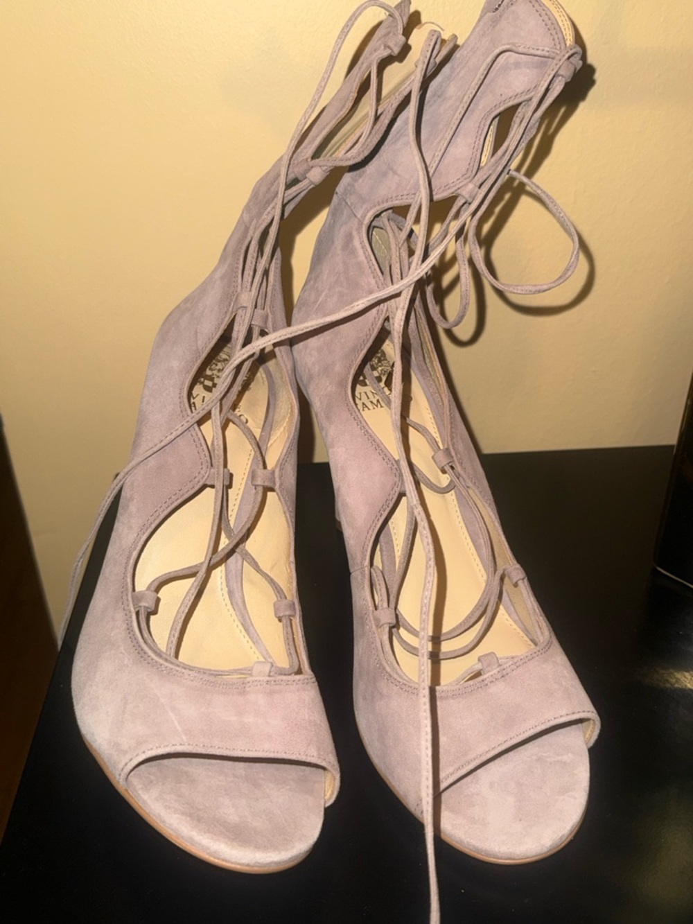 Vince Camuto Taupe Suede Lace-Up Peep Toe Heels with Wrap Ties